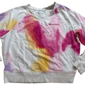 Champion Tie Dye Sweatshirt Women Pink Yellow Purple Pullover Raglan Large